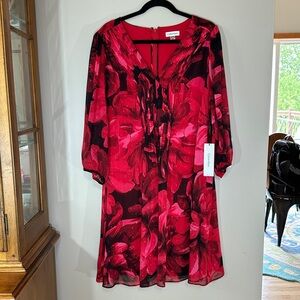 Calvin Klein Dress Red Floral Print Chiffon